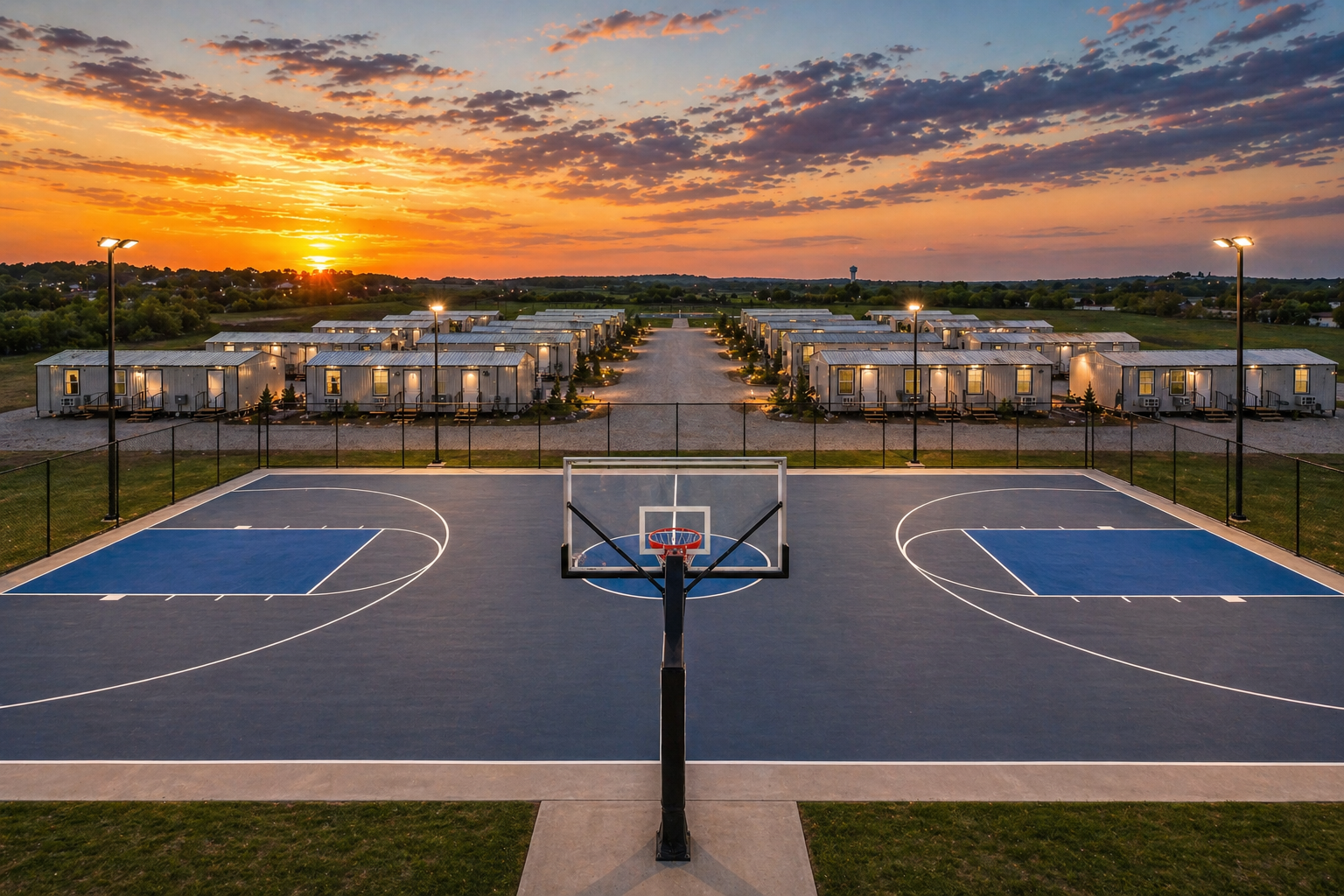 Lit basketball court at sunset between rows of workforce housing units