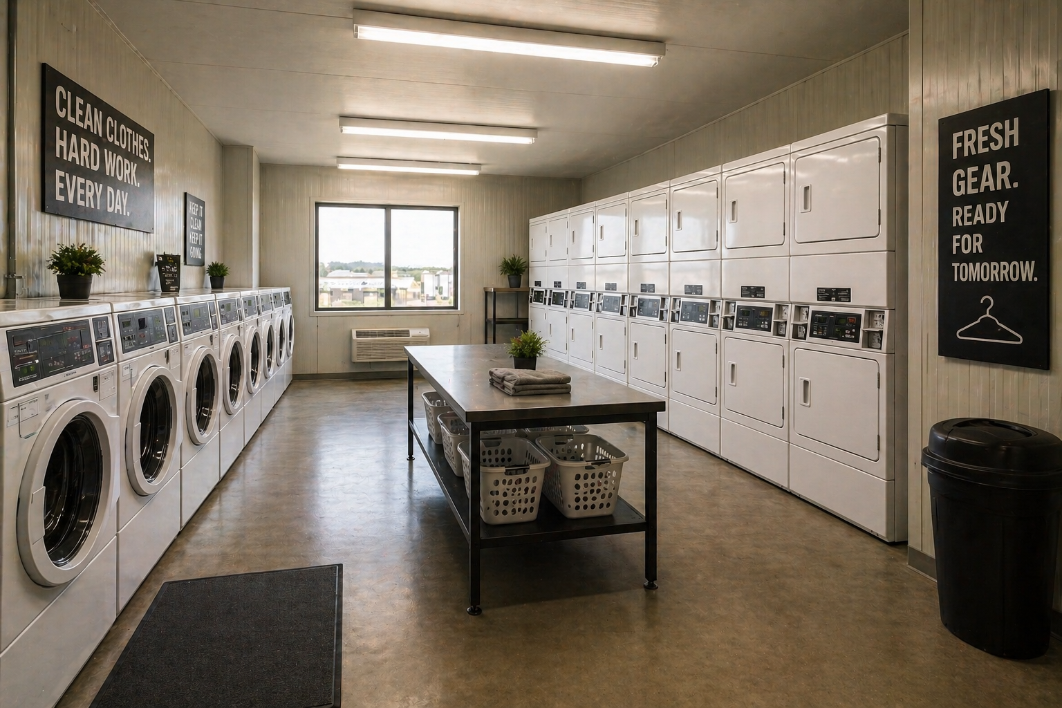 On-site laundry facility with rows of commercial washers and dryers