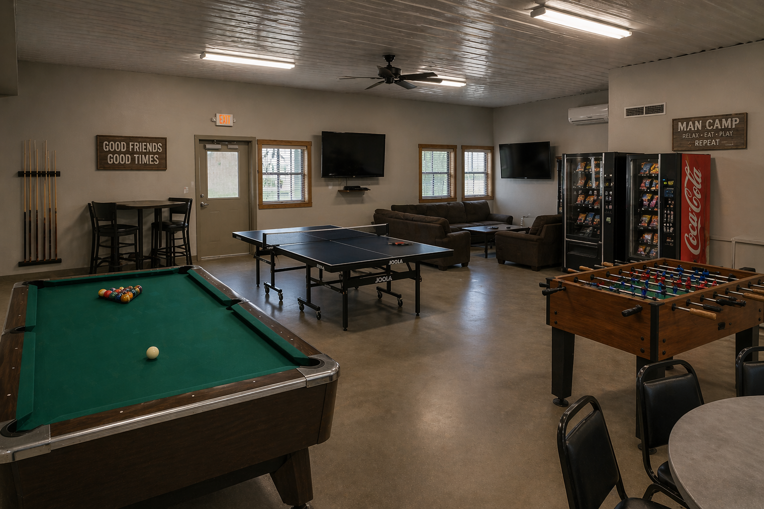 West Texas Man Camps indoor rec room with pool table, ping pong, foosball, and lounge