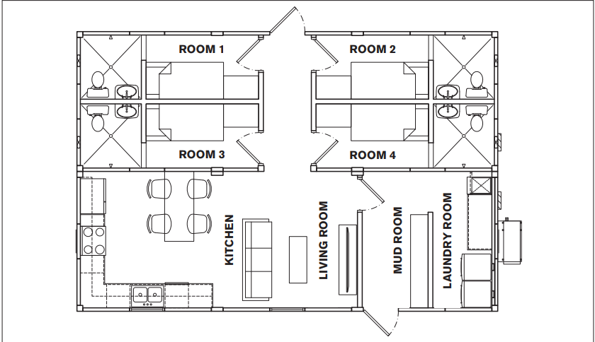 Man Camp Cube floor plan - 4 bedrooms, 4 bathrooms, 24' x 36'